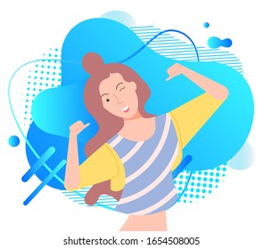 Mujer sonriente con las manos levantadas, mujer feliz guiñando el ojo, persona en forma de líquido azul. Muchacha posa, rie, linda dama con ropa informal, morena vectorial