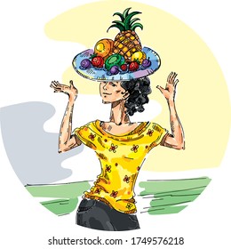 Smiling woman with a salver of fruits and berries on her head. Healthy lifestyle. Cartoon funny characters. Vector hand drawn illustration. Card
