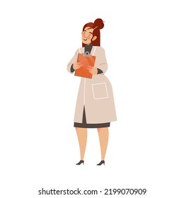 Smiling Woman Scientist With Clipboard Conducting Scientific Research Vector Illustration