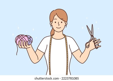 Smiling woman seamstress with threads and scissors in hands. Happy female designer or dressmaker ready for clothes creating. Vector illustration. 