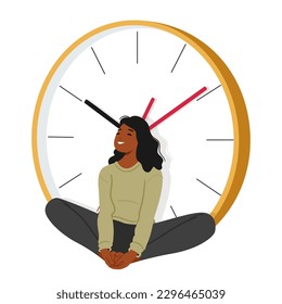 Smiling Woman Seated Beside Oversized Watches, Appears Joyful And Content, With A Gleaming Expression, And A Peaceful Countenance. Female Character Enjoying Time. Cartoon People Vector Illustration