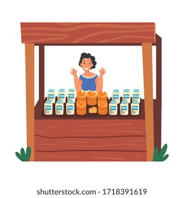 Smiling Woman Selling Fresh Organic Dairy Products on Wooden Stall at Marketplace Vector Illustration