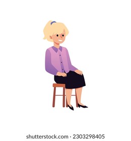 Smiling woman in shirt and skirt sits on stool flat style, vector illustration isolated on white background. Decorative design element, female character, formal wear