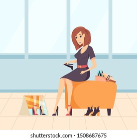 Smiling woman shopaholic choosing new high heels, female sitting on chair and looking at mirror. Lady in dress buying footwear, purchasing . Vector illustration in flat cartoon style