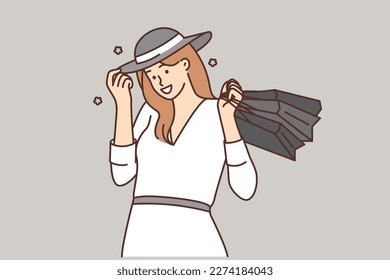 Smiling woman with shopping bags in hands excited with purchases. Happy female client doing shopping on sales. Consumerism. Vector illustration. 