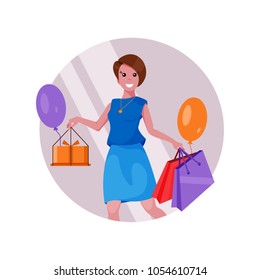 Smiling woman with shopping bags on a pink background. Flat style, warm colors.
