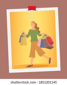 Smiling woman with shopping bags on the photo. Young beautiful happy girl picks up multi-colored packages with clothes. Female character with packages in her hands isolated on yellow background