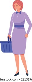 Smiling woman with shopping basket. Happy supermarket customer isolated on white background