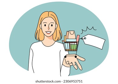 Smiling woman with shopping cart buy things on sale or discount. Happy female client or buyer excited with seasonal promotions of offers. Shopaholic life and consumerism. Vector illustration.