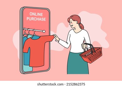 Smiling woman shopping online on app on modern smartphone. Happy female client or buyer purchase order clothes on internet using cellphone application. Consumerism. Vector illustration.