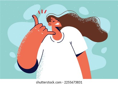 Smiling woman show call me hand gesture. Happy girl with phone sign ask for callback. Body language and nonverbal communication. Vector illustration. 