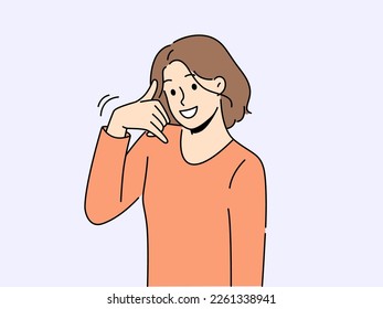 Smiling woman show call me hand gesture. Happy girl demonstrate callback ask to dial or make phone call. Body language. Vector illustration. 