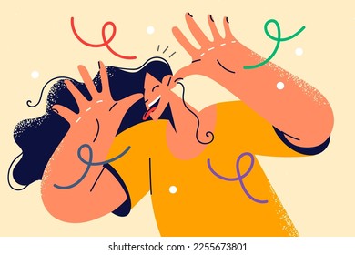 Smiling woman show funny face and hands gesture. Happy millennial girl have fun demonstrate facial expression. Laughter concept. Vector illustration. 