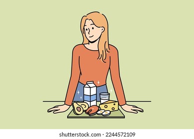 Smiling woman show organic products recommend healthy lifestyle. Happy female nutritionist or dietician with dairy and natural meal. Diet and healthcare. Vector illustration. 