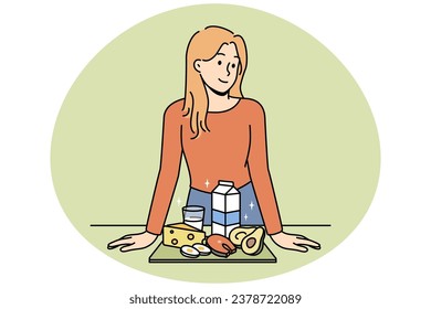 Smiling woman show organic products recommend healthy lifestyle. Happy female nutritionist or dietician with dairy and natural meal. Diet and healthcare. Vector illustration.