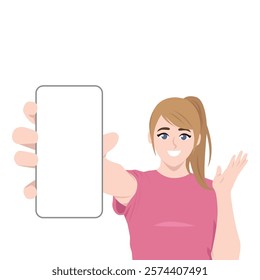 Smiling Woman Showing Blank Smartphone Screen. Flat vector Character Illustration