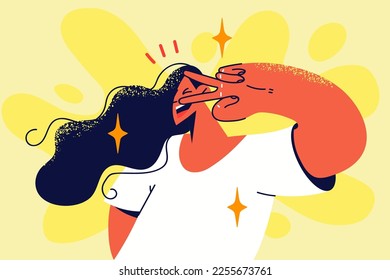 Smiling woman showing hand gesture feeling positive and optimistic. Happy girl with victory sign demonstrate good mood. Body language. Vector illustration. 