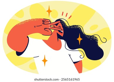 Smiling woman showing hand gesture feeling positive and optimistic. Happy girl with victory sign demonstrate good mood. Body language. Vector illustration.