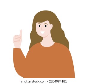 Smiling Woman showing thumbs up hand gesture. Approval, agreement, success, rating, Positive opinion concept. Flat cartoon character vector illustration isolated on white background.