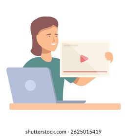 Smiling woman showing video player screen sitting at desk with laptop computer