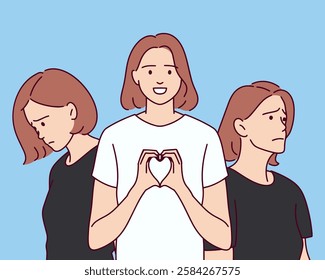 A smiling woman shows a heart gesture, while two sad friends stand behind her. The image reflects emotional contrast. LGBT