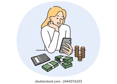 Smiling woman sit at desk count money manage budget. Happy female growing savings care about financial expenses. Finance and economy. Vector illustration.