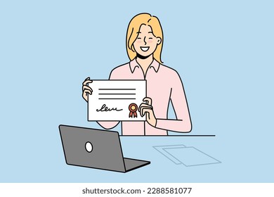 Smiling woman sit at desk study online on computer show certificate or graduation. Happy girl student graduate college or university on internet. Vector illustration. 