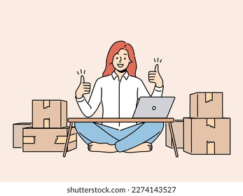 Smiling woman sit at home with computer show thumb up selling products on internet. Happy successful female entrepreneur excited with online sales. Vector illustration. 