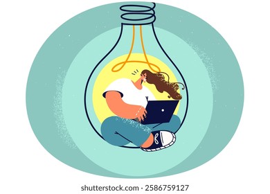 Smiling woman sit in huge lightbulb working on laptop. Happy female employee in light bulb busy with computer job. Freelance and creative activity. Vector illustration.