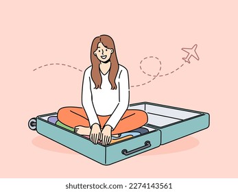 Smiling woman sit in suitcase excited about future travel. Happy girl in baggage waiting for vacation or holiday. Trip and adventure excitement. Vector illustration. 