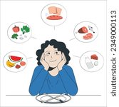 Smiling woman sit at table and think of variety of food to order. Happy hungry guy client choose dish from menu to eat in cafe or bar. Nutrition, eating habit concept. Vector illustration. 2314