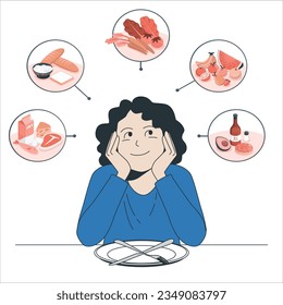 Una mujer sonriente se sienta a la mesa y piensa en una variedad de comida por encargo. Un cliente feliz y hambriento escoge un plato del menú para comer en el café o en el bar. Nutrición, concepto de hábitos alimentarios. Ilustración vectorial. 2313