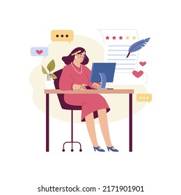 Smiling woman sits at computer and writes review flat style, vector illustration isolated on white background. Critic job, star and heart symbols, workplace