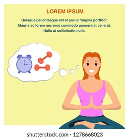 Smiling Woman Sits Lotus Position Involved Sport. Banner Image Character Girl Doing Yoga. Happy Young Woman Sits Isolated on Yellow Background. Planning Time for Home Workout. Dumbbell. Clock