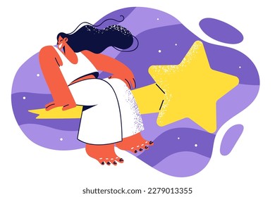 Smiling woman sits on space star flying through endless universe and conquering different galaxies. Dream of teenage girl about traveling into space or fantasies of becoming astronaut or astrologer 