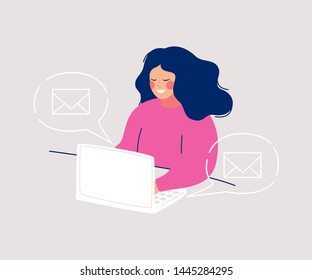 Smiling woman sitting at computer writing messages and icons envelopes floating in speech bubbles around her. Concept for e-mail marketing, business correspondence. Flat cartoon vector illustration.