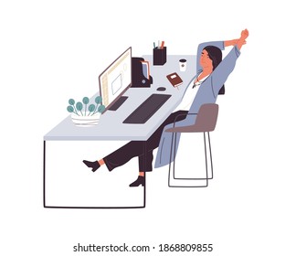 Smiling woman sitting at desk having rest and stretching. Female office worker or clerk having break after working with computer. Flat vector illustration isolated on white background