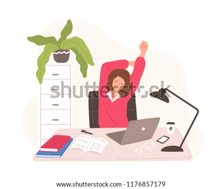 Smiling woman sitting at desk with laptop taking rest and stretching herself. Female office worker or clerk having short break during work at computer. Vector illustration in flat cartoon style.