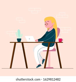 Smiling woman sitting at desk vector illustration