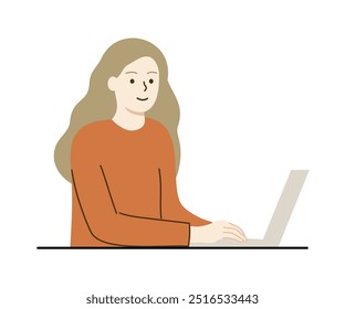 Smiling woman sitting in front of laptop working. Business, technology, leisure, lifestyle, communication concept. Flat character vector design isolated illustration.