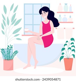 Smiling woman sitting in her bathroom and applying body scrub on her legs. Vector flat illustration with young woman doing skin care 
procedure