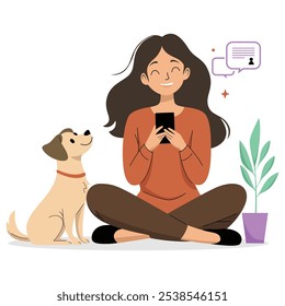 Smiling woman sitting with her dog, using a smartphone with chat icons.