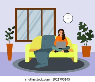 A smiling woman is sitting at home on the couch with a laptop. Working in isolation working remotely. Freelance. Cozy home interior. potted flowers, clock on the wall Vector