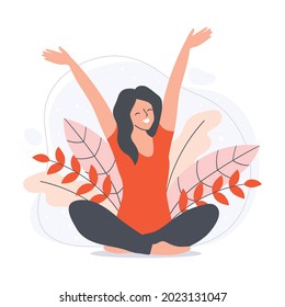 Smiling woman sitting in lotus pose with her arms up in the air. Happy young girl in natural background with leaves. Flat vector illustration.