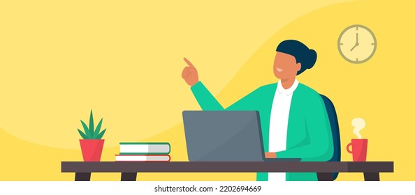 Smiling woman sitting at office desk, she is working with a laptop and pointing upwards, remote work and technology concept, blank copy space