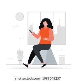 smiling woman is sitting on a chair on a room with holding smartphone, modern flat vector illustration, can be using on website.