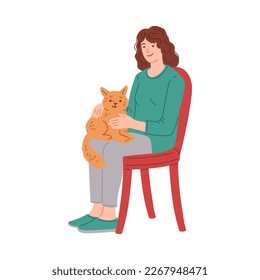 Smiling woman sitting on chair with cat on her lap, cartoon flat vector illustration isolated on white background. Person cuddling furry kitty. Pet owning and adoption concepts.