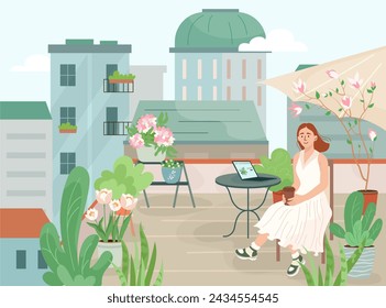 Mujer sonriente sentada en el balcón acogedor y tomando café rodeada de plantas de la casa. Persona feliz que descansa en la terraza verde. Mujer en el interior de la azotea de primavera. Ilustración vectorial plana