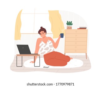 Smiling woman sitting on floor use laptop at comfortable home vector flat illustration. Happy freelancer female working remotely isolated. Cheerful girl hold hot tea enjoy internet entertainment