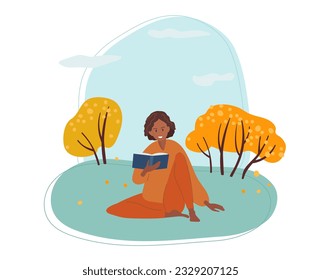 Smiling woman sitting on grass lawn and reading book in nature. Leisure activity, repose and relaxation, Autumn nature. Flat cartoon vector isolated illustration isolated. Read more books